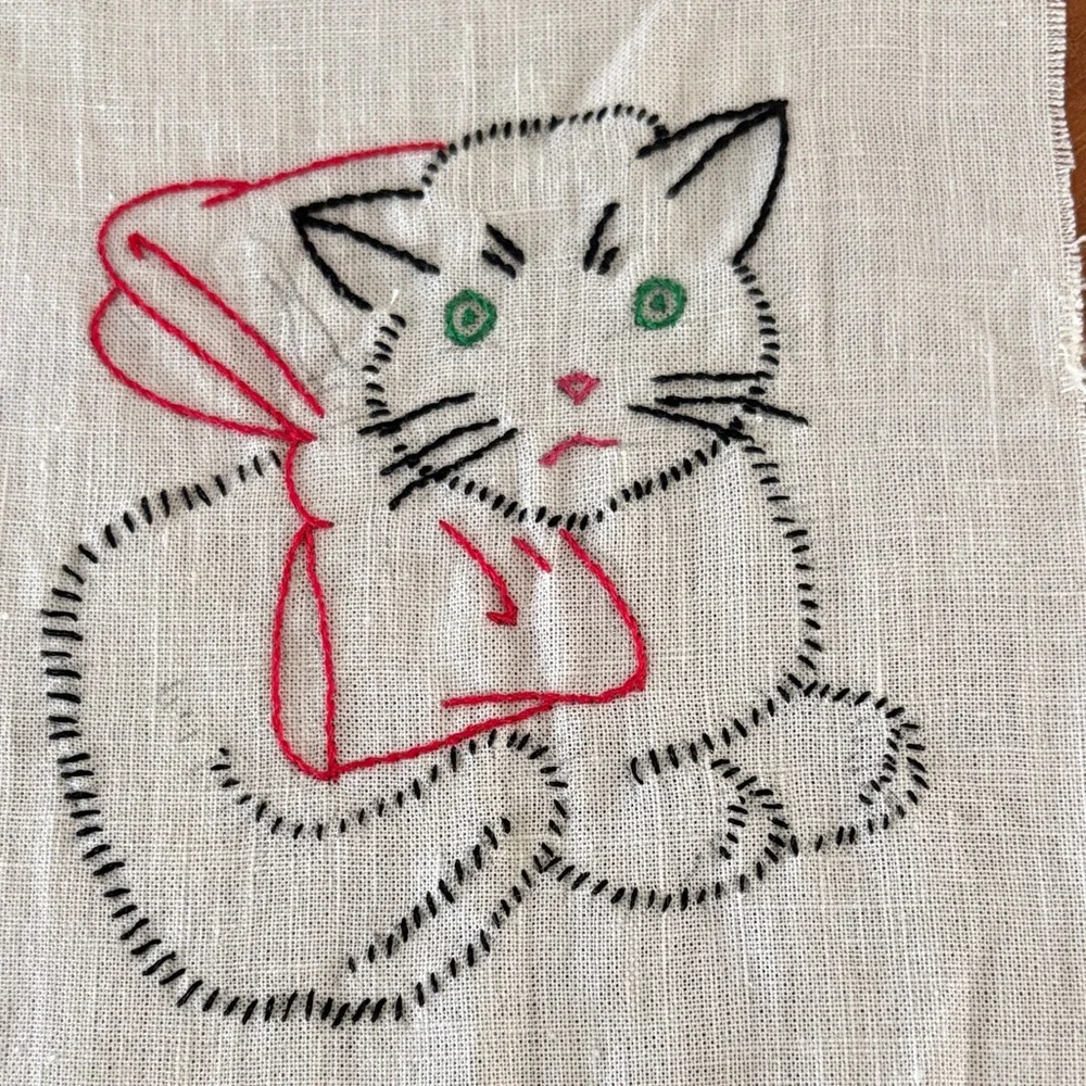 Hand Embroidered Cat Linen Squares - Blue and Pink